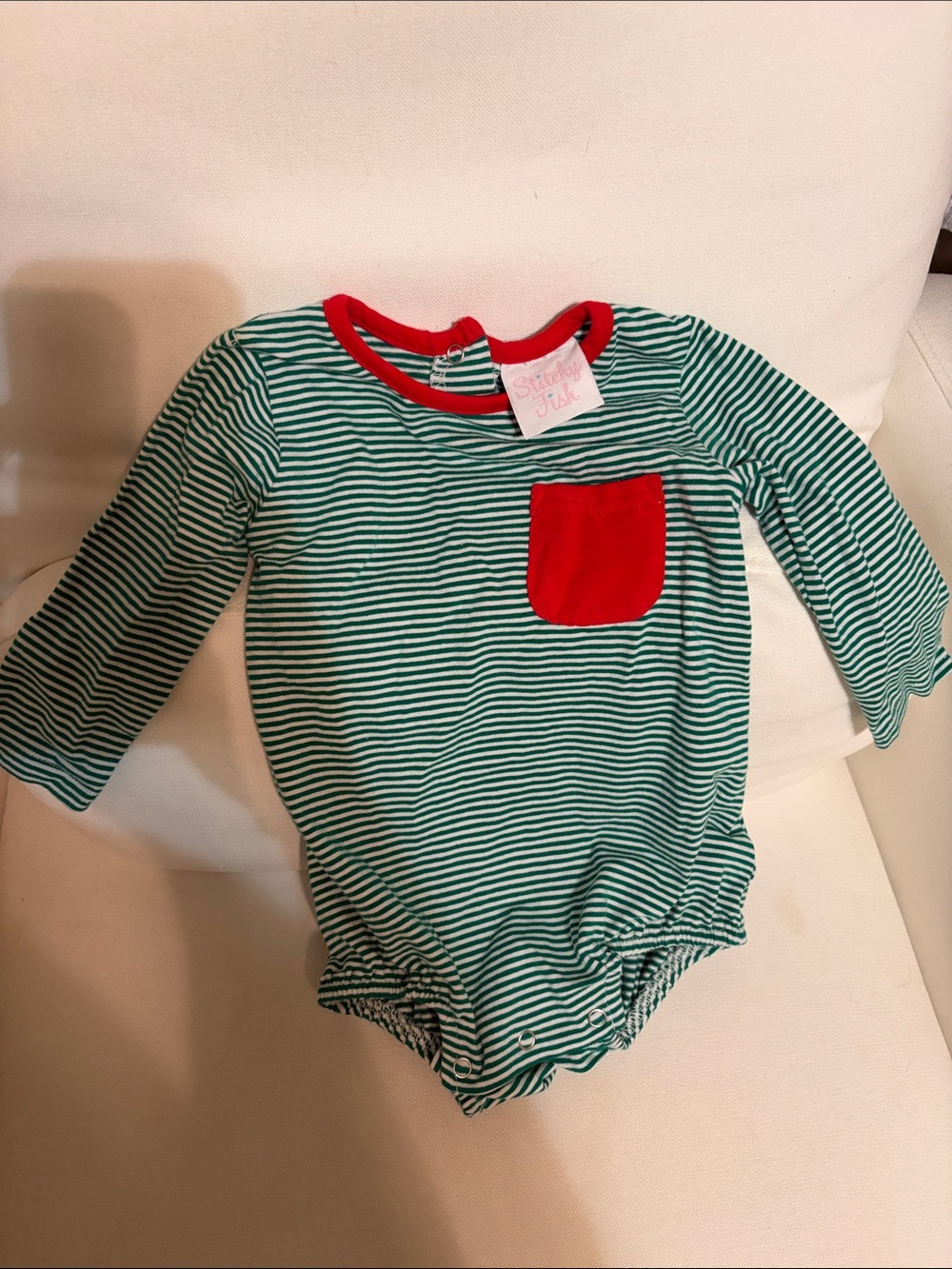Stitch Fish Green & White Striped Baby Onesie with Red Pocket